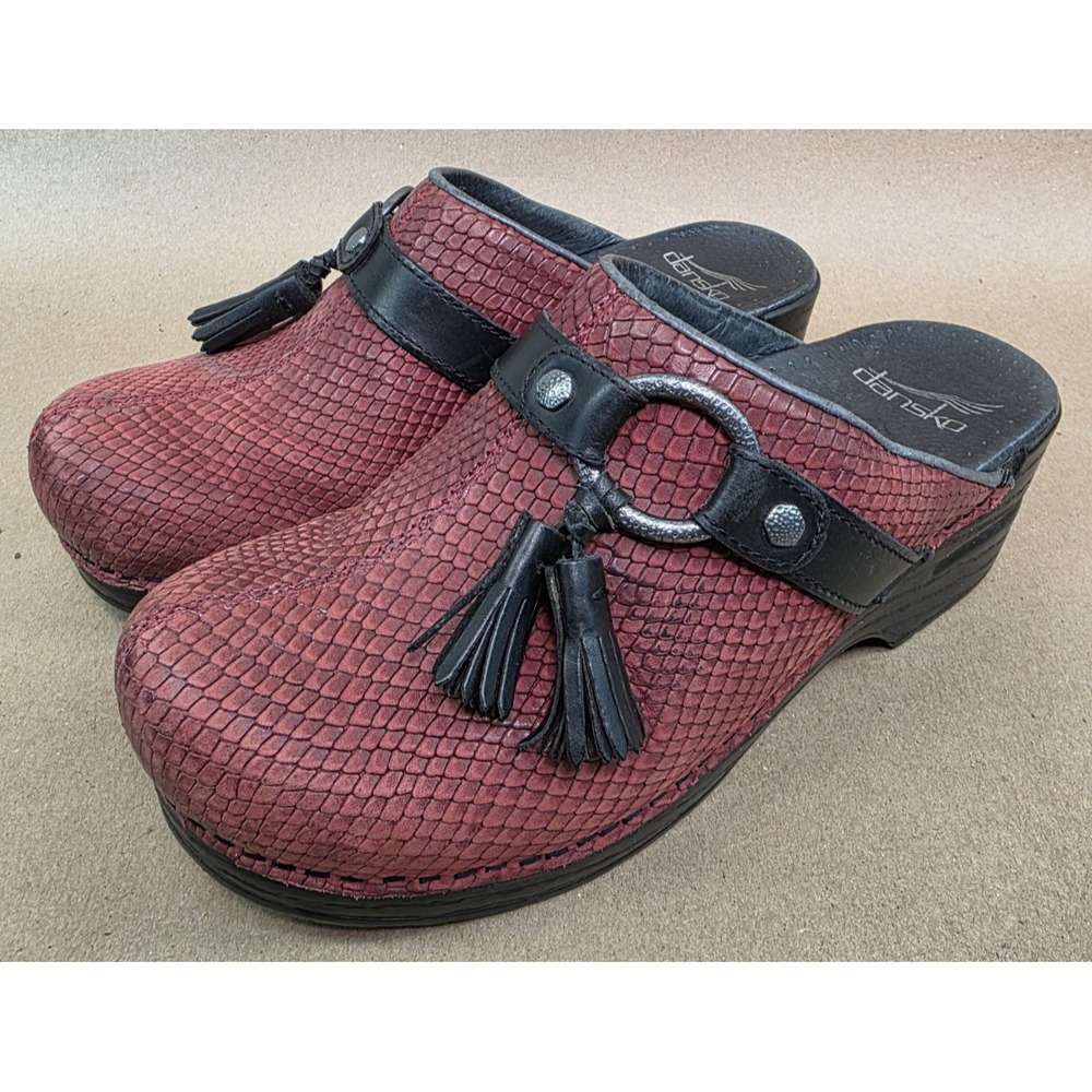 Dansko Shandi (Sz 37) Clogs Dark Red Snakeskin Leather Tassel Slip On Clog